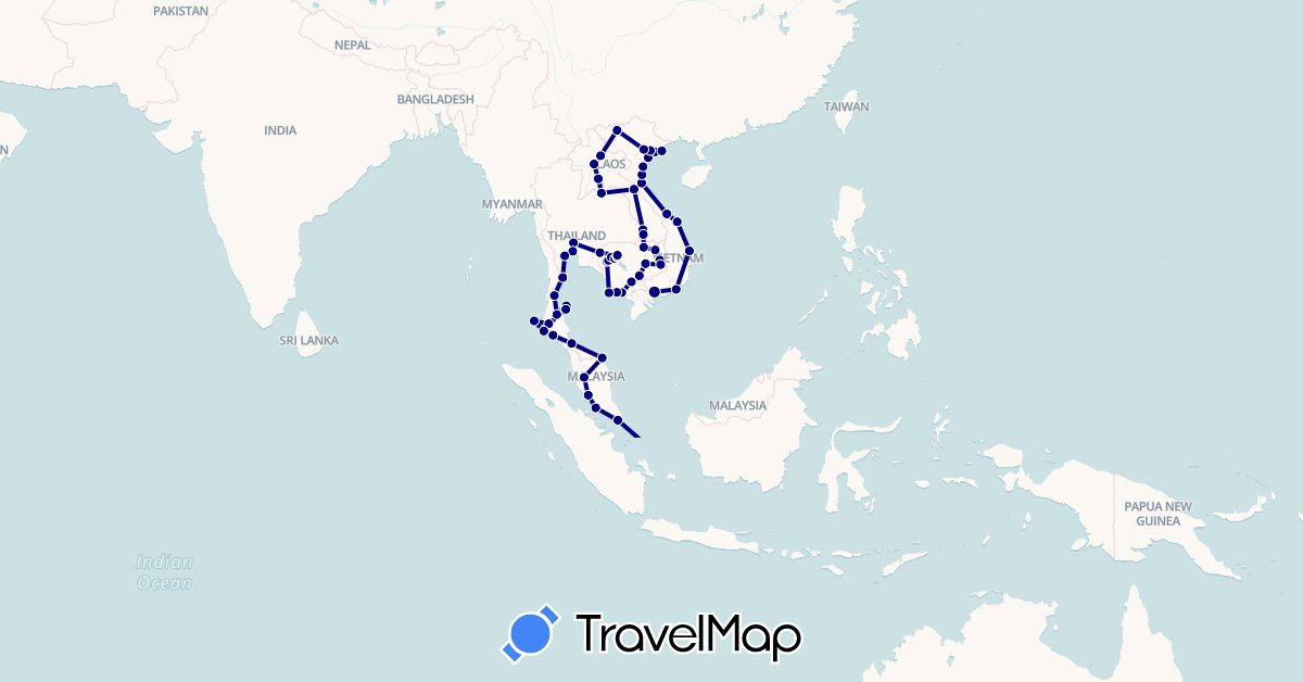 TravelMap itinerary: driving in Cambodia, Laos, Malaysia, Singapore, Thailand, Vietnam (Asia)